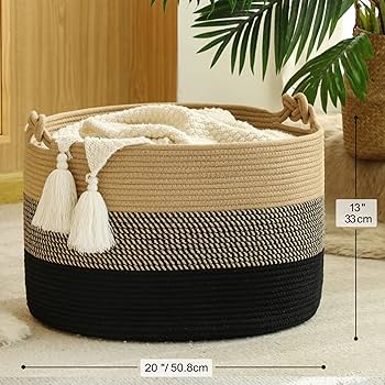 KAKAMAY Large Blanket Basket (20"x13"),Woven Rope Baskets for storage Baby Laundry Hamper, Cotton Rope Blanket Basket for Living Room, Laundry, Nursery, Pillows,Baby Toy chest (Jute/Black)