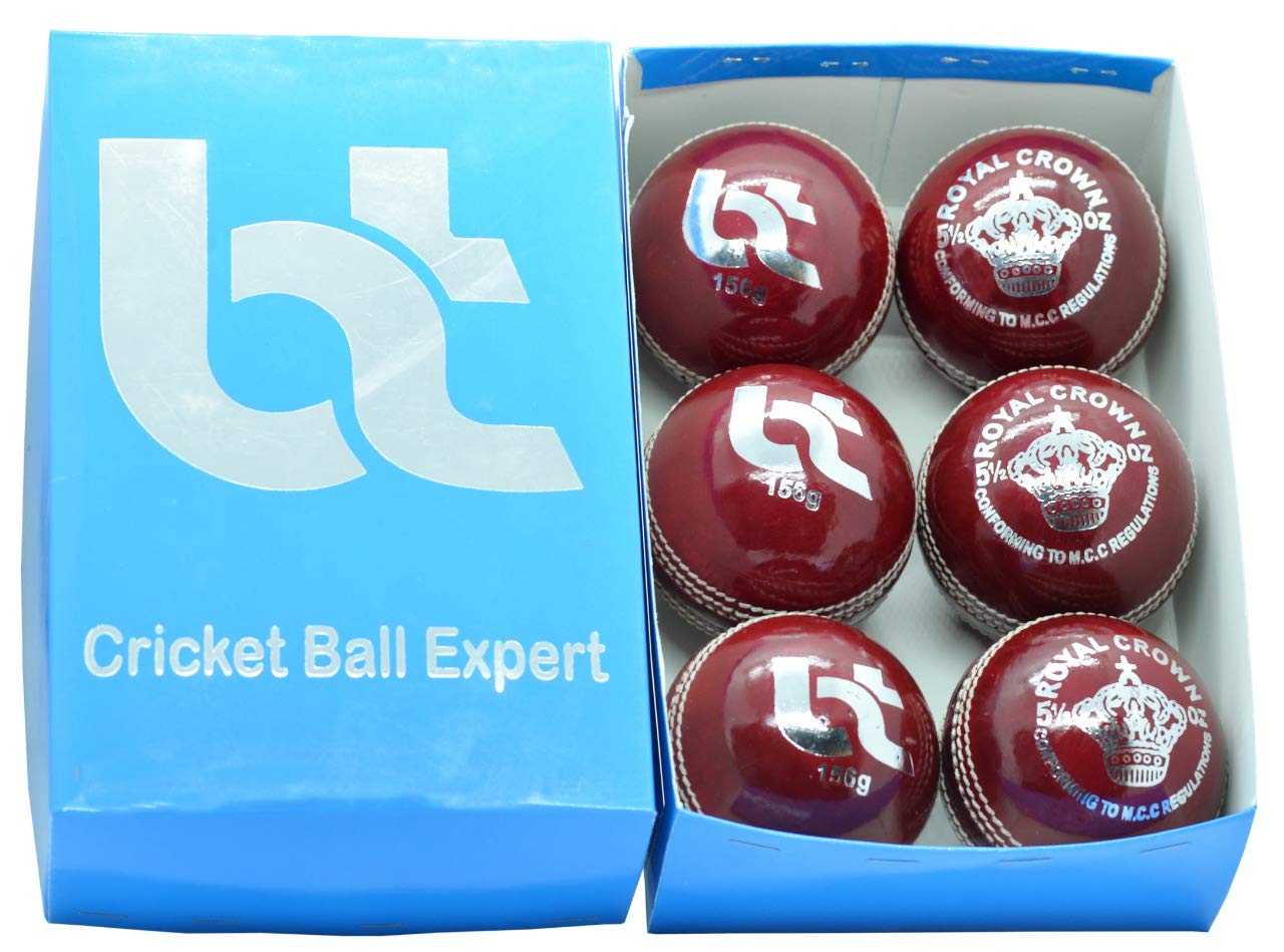 BT Red Cricket Ball - Pack of 6 Genuine Leather Cricket Balls for International Standard Cricket and Practice | Bat-Friendly Hard Cricket Ball Made from Sustainable Sources | 156g
