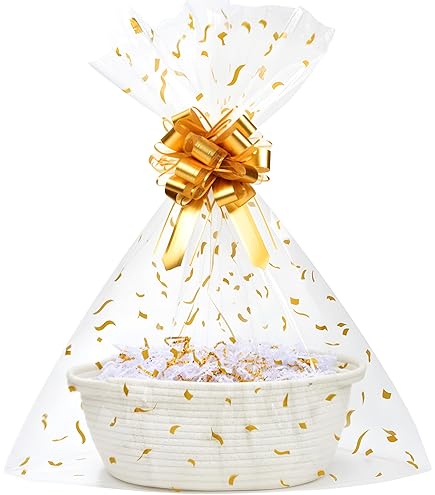 SUNCOLOR Small Woven Gift Basket Set with Cut Paper Shred Filler, Pull Bow & Cellophane Bag, 12x8x5 Inch Durable Cotton Rope Storage Basket for Easter, Baby Shower, Birthday, Holidays