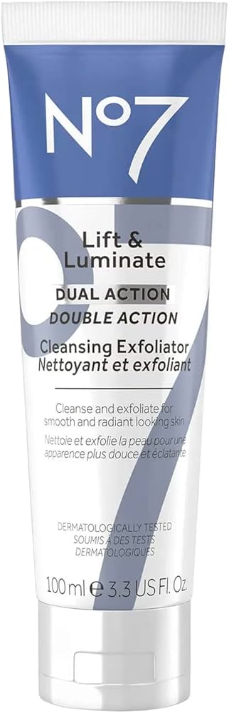 No7 Lift & Luminate Dual Action Cleansing & Exfoliating Face Wash - Gentle Face Exfoliator with Vitamin C, E & B5 - Deep Pore Cleanser for Dull & Uneven Skin Tone (3.3 Fl Oz)