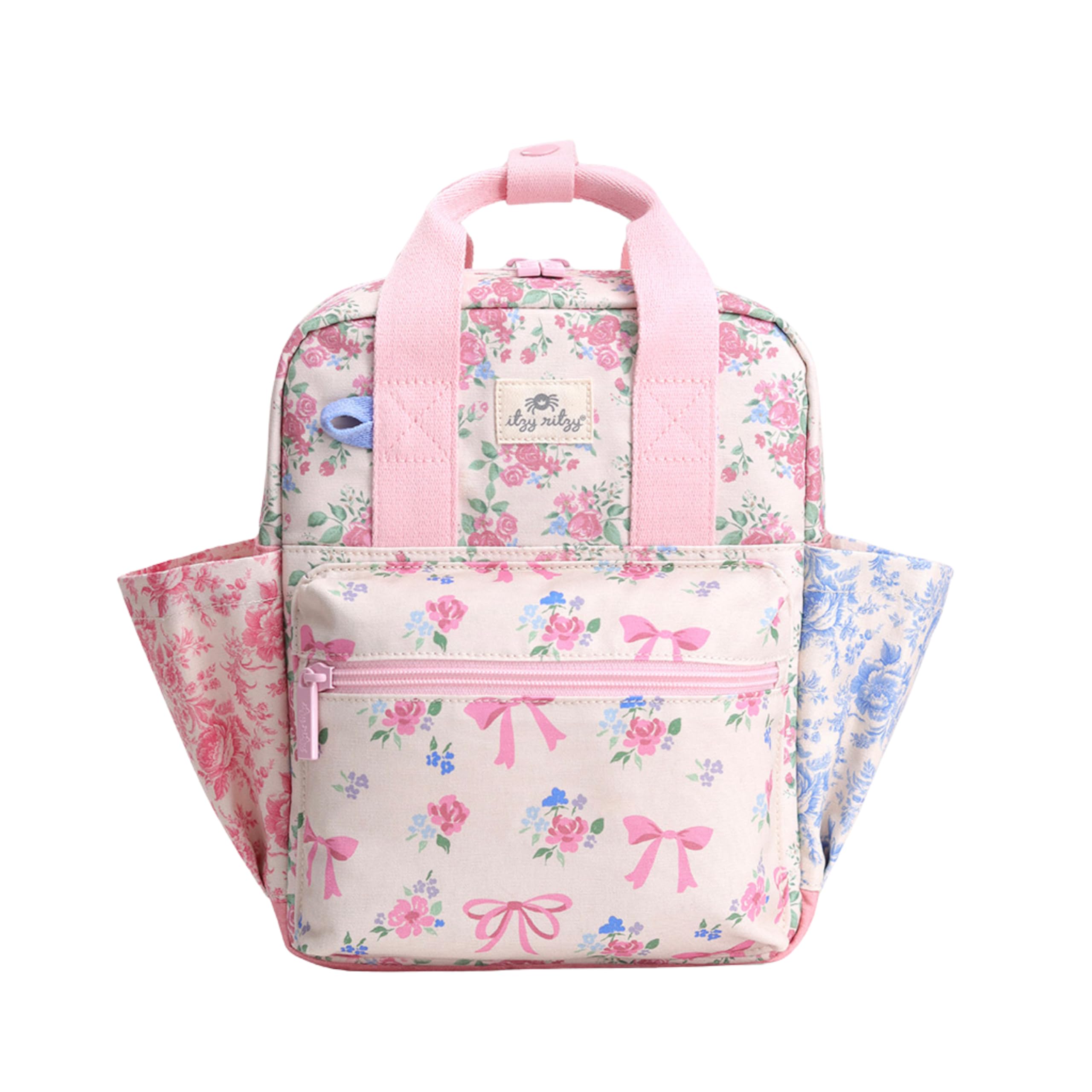 Itzy Ritzy Toddler Backpack - Daycare Bag - Features Adjustable Shoulder Straps, 2 Side Pockets & Spacious Interior with Wipeable Fabric Lining & Name Label, Ribbons & Roses Backpack