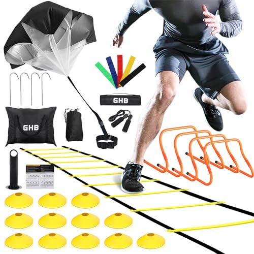 GHB Agility Ladder,Football Training Equipment Set,4 Agility Hurdles, 20 feet12 Rungs Speed Ladder,12 Disc Cones,Resistance Parachute, Jump Rope, 5 Resistance Bands