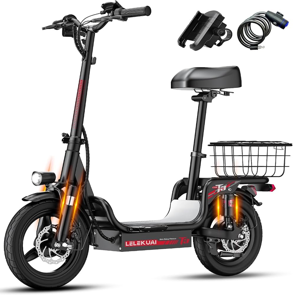 Heavy Duty Electric Scooter with Seat for Adults, 500 Lbs Capacity Commuter E Scooters, 20-25MPH, 650W Motor, 30-Mile Range, Dual Suspension, Foldable Powered Mobility Scooter with 14" Tires & Basket