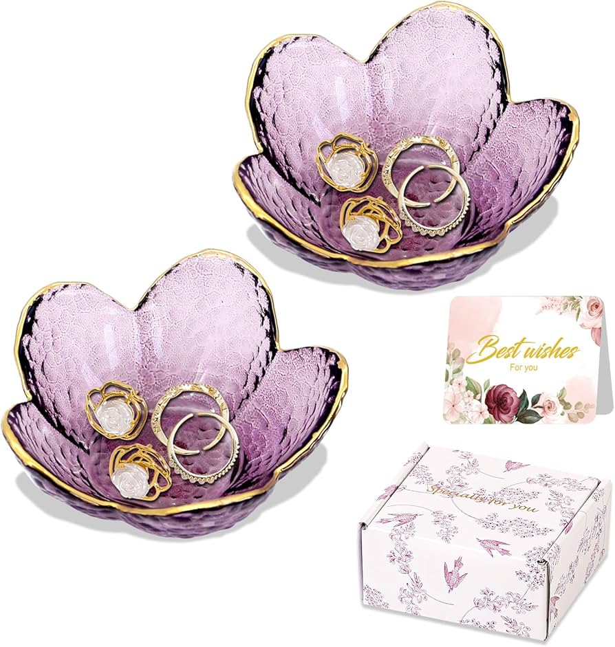 Purple Flower Jewelry Dish Glass Ring Holder Dish Jewelry Tray Cute Vanity Organizer Aesthetic Nightstand Bathroom Room Decor Trinket Dish Mothers Day Friendship Christmas Birthday Gifts for Women