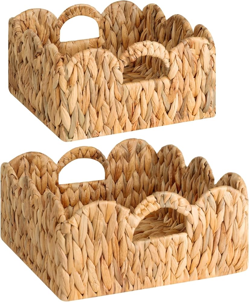 StorageWorks Scalloped Wicker Basket, Woven Baskets for Storage, Rattan Baskets with Handles, Paper Rope Basket for Organizing and Decor, 2 Pack
