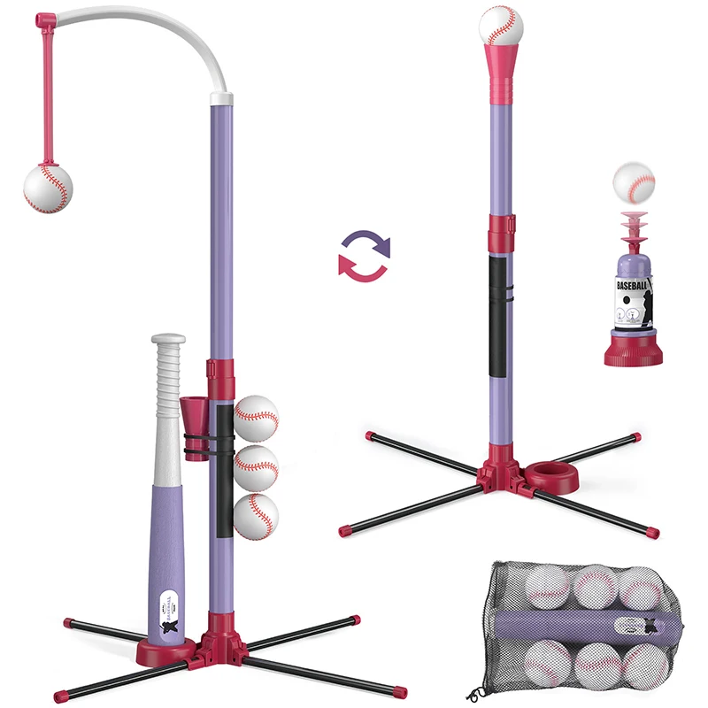 3-in-1 T Ball Set - Adjustable Height, Hanging Tee Ball Set with Automatic Pitching Machine/6 Balls/Retractable Bat, TBall Stand Suit for Outdoor, Sport Toys Gifts for Kids Boys Age 3+