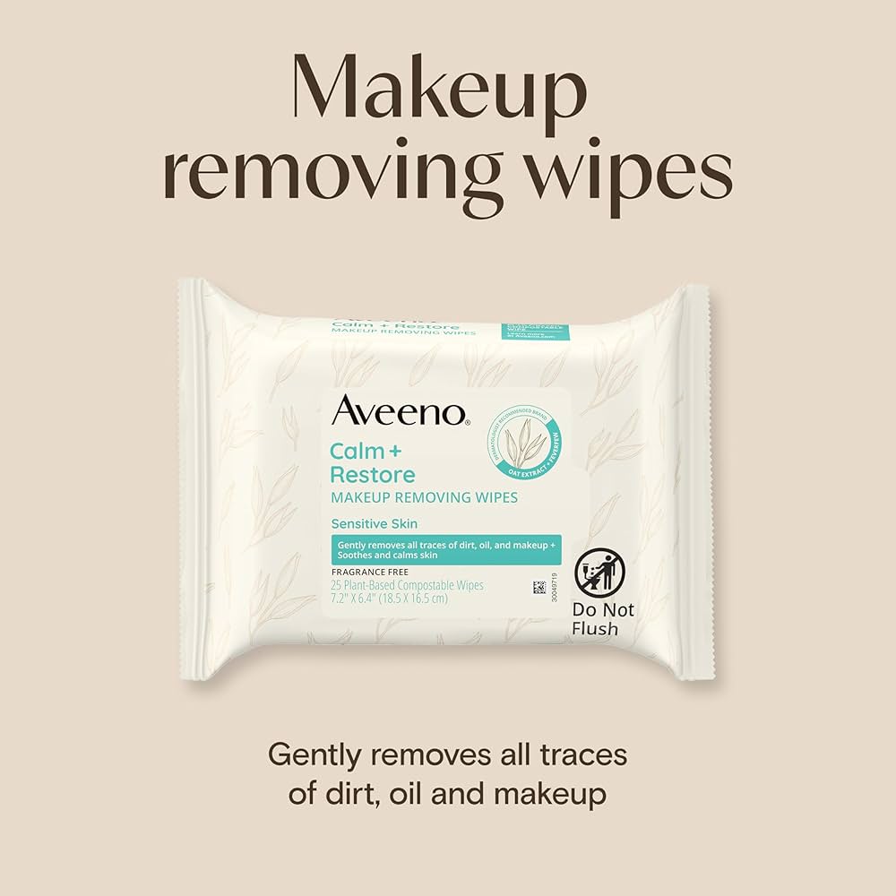 Aveeno Calm + Restore Unscented Makeup Remover Face Wipes, Fragrance Free Facial Cleansing Towelettes with Oat Extract & Calming Feverfew Leave Skin Feeling Soothed, Alcohol Free, 25 ct