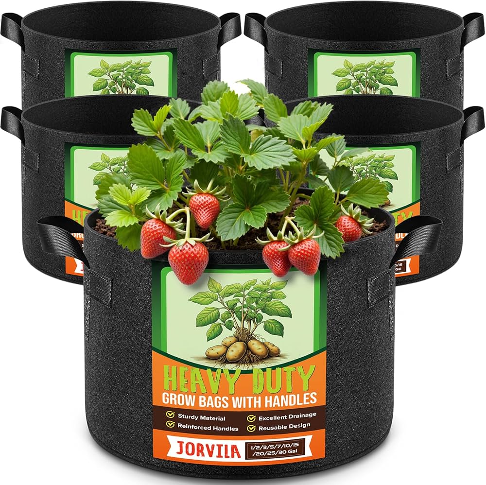 Jorvila 5 Pack 5 Gallon Grow Bags, Thickened Nonwoven Fabric Planter Pots with Handles, Heavy Duty 300G Garden Pots for Tomato, Potato and Vegetable