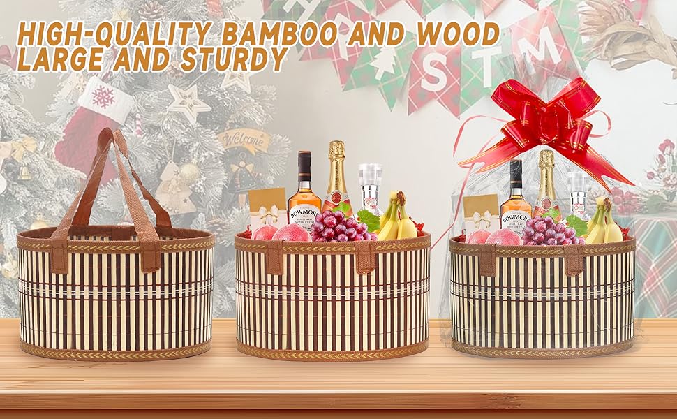 Mapaim 4 Pack Baskets for Gifts Empty,Large Gift Basket Kit with Cellophane Wrap & Bows, Woven Bamboo Gift Baskets with Handles, Ready to Gift Set for Birthday, Holiday, Baby Shower, Easter（Oval）