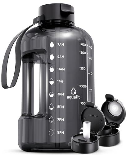 AQUAFIT 64 oz Water Bottle with Time Marker - Straw & Chug Lid - BPA Free Half Gallon Gym Water Bottle with Handle - Big Gallon Jug (Gray, 64 Ounces)