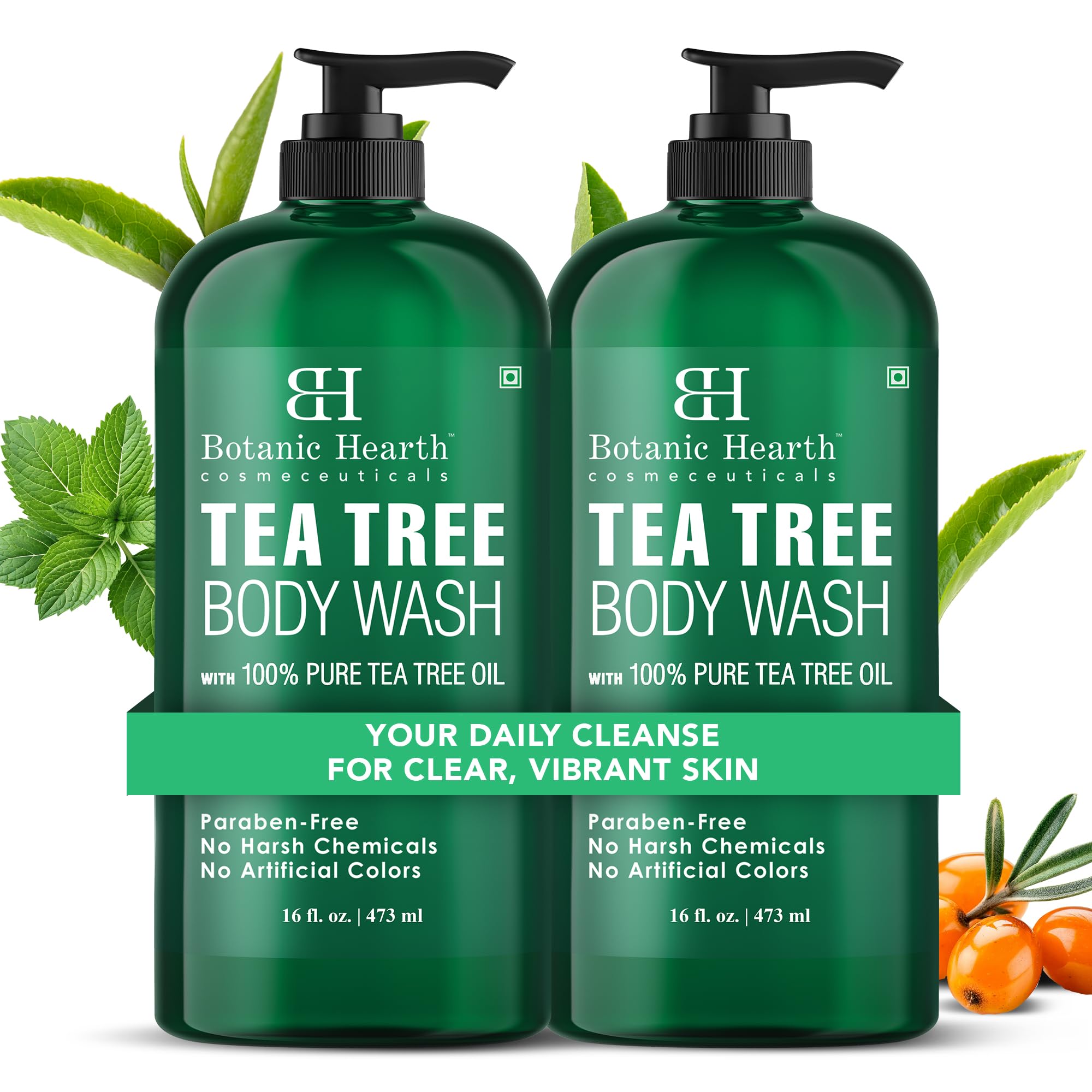 Botanic Hearth Tea Tree Body Wash 16 fl oz (2 Pack) Natural Antifungal & Odor Control Shower Gel for Acne, Athlete’s Foot, Ringworm, Jock Itch, Healthy Skin, Sulfate & Paraben Free, for Men & Women