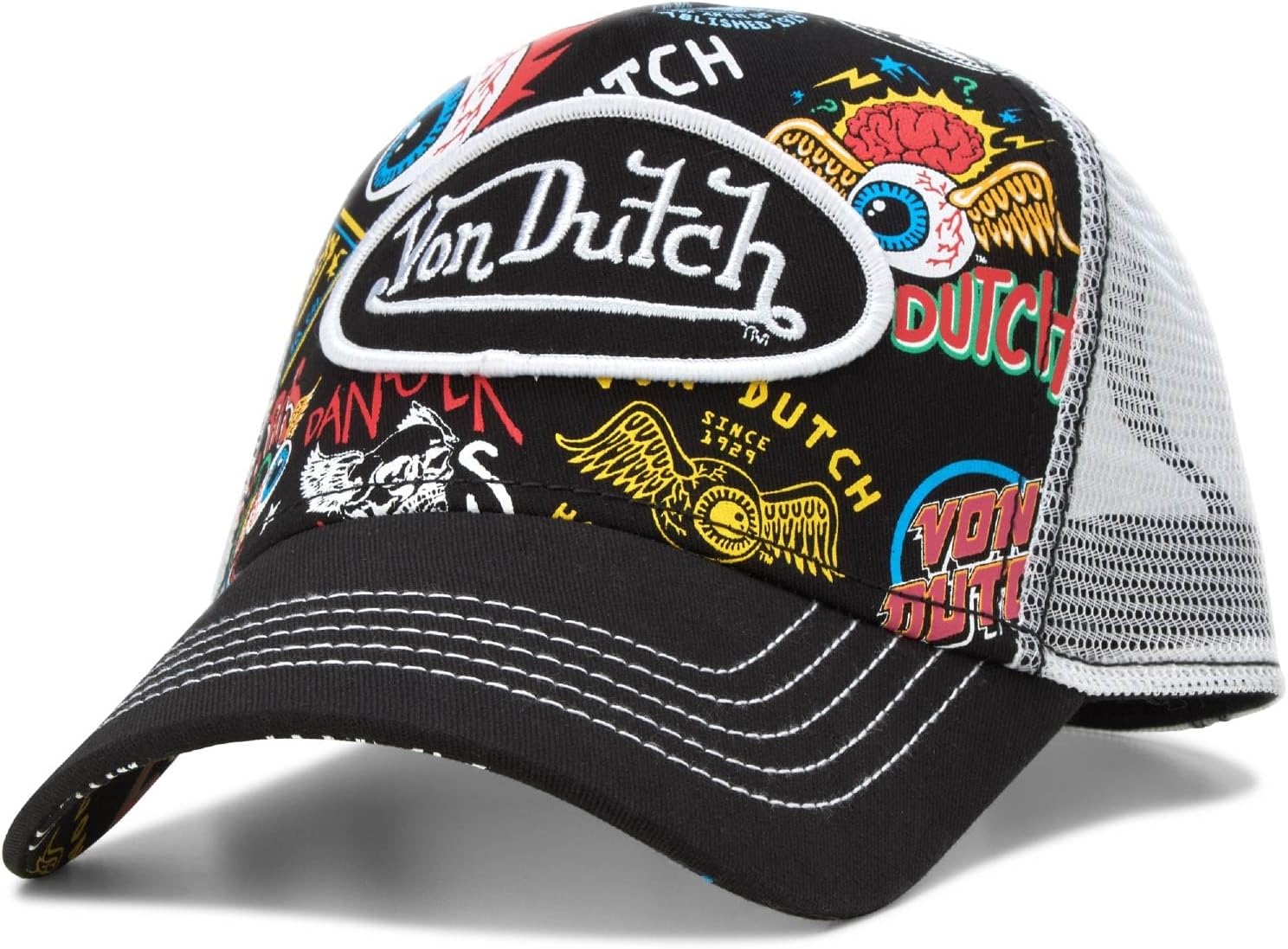 Von Dutch Monogram Trucker Cap - Retro Snapback Cap for Men and Women - Adjustable Snap Fit Panel, Mesh Rear, Curved Bill