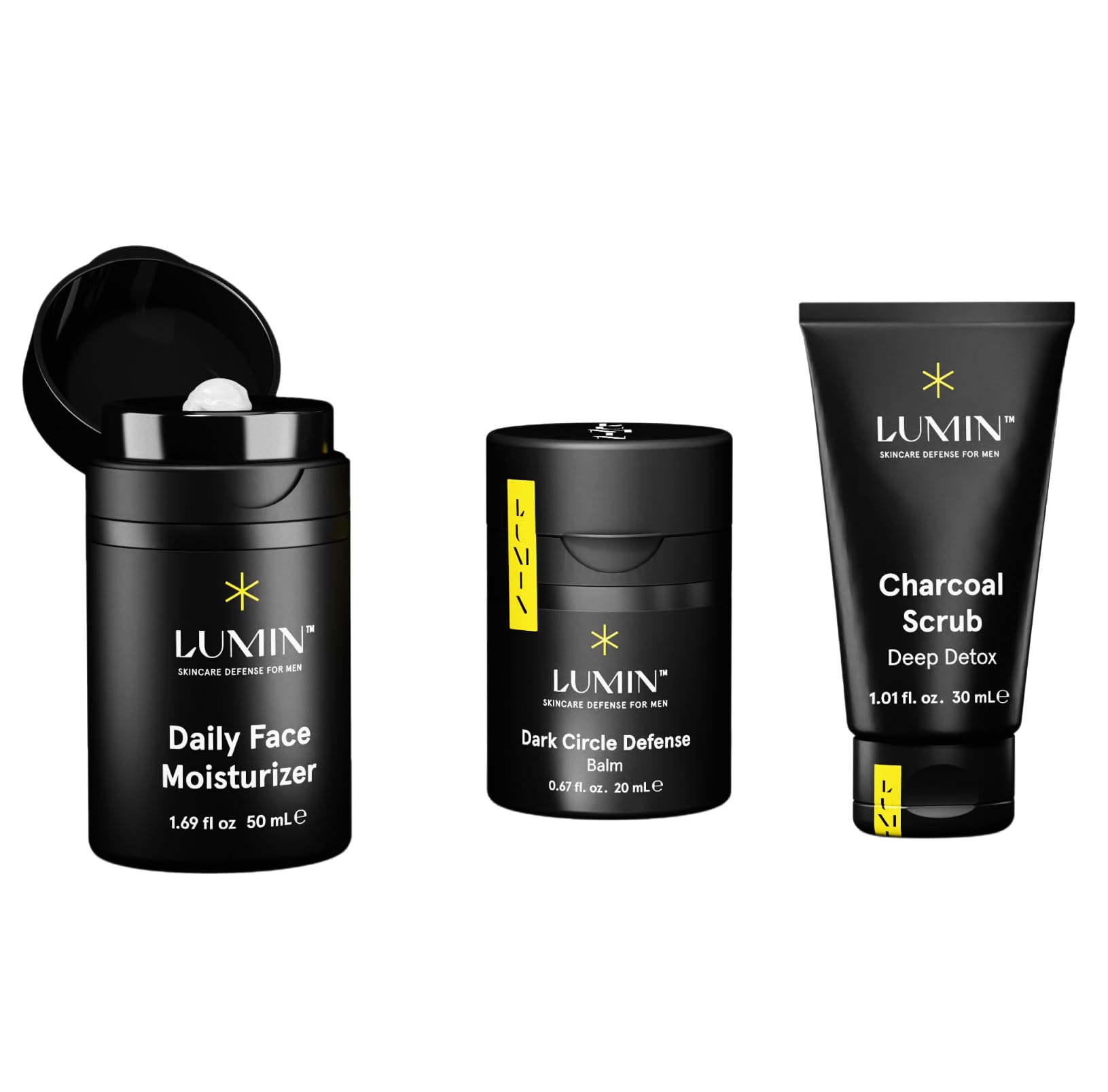 Lumin Boss Trio Skincare Set for Men – Face Scrub, Eye Balm & Daily Moisturizer Kit, Korean Skincare Routine for Men.