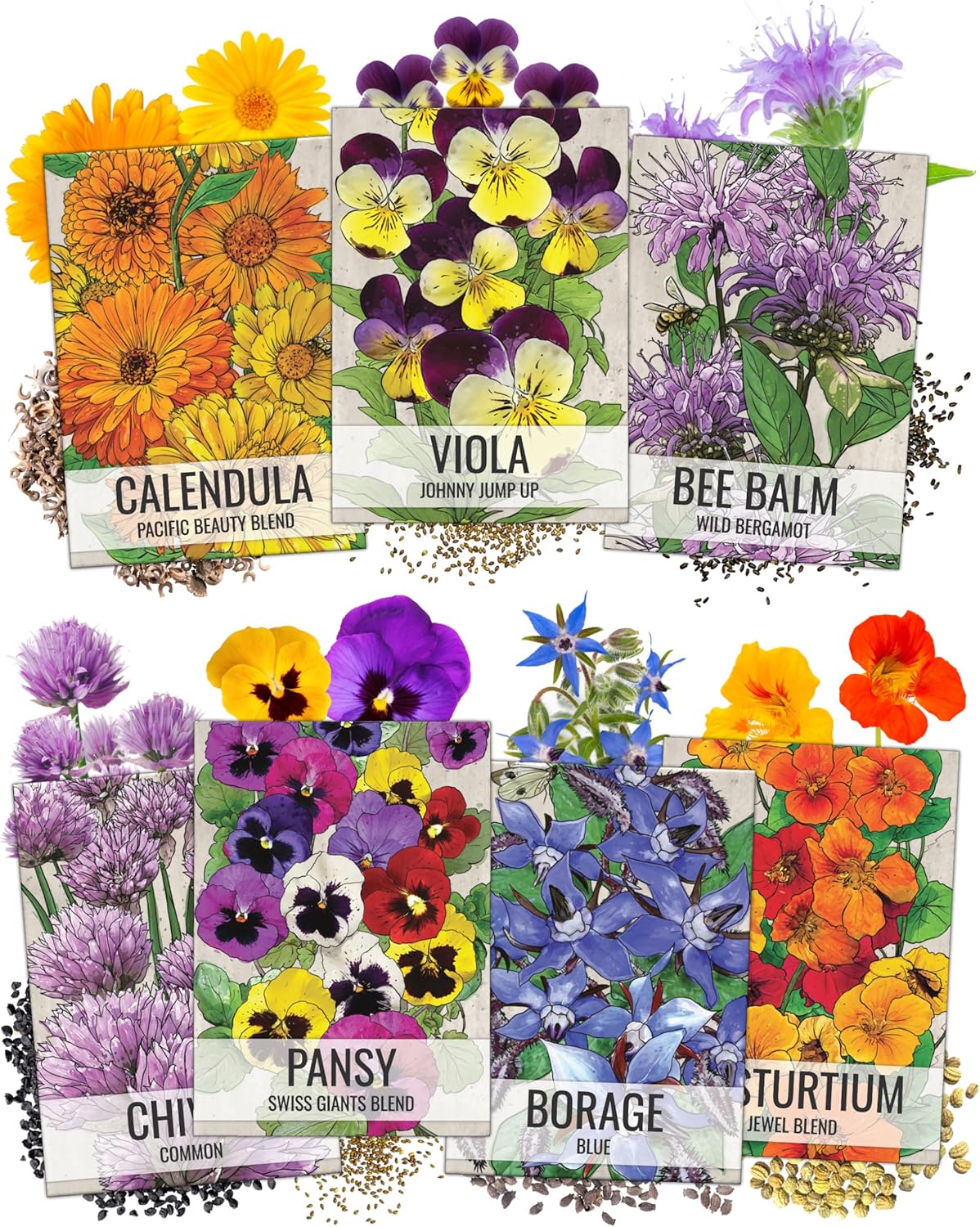 Seed Needs Edible Wildflower Seed Packet Collection (7 Varieties of Flower Seed for Planting) Non-GMO Heirloom & Untreated - Includes Viola, Pansies, Chives, Borage, Calendula, Nasturtium & Bee Balm