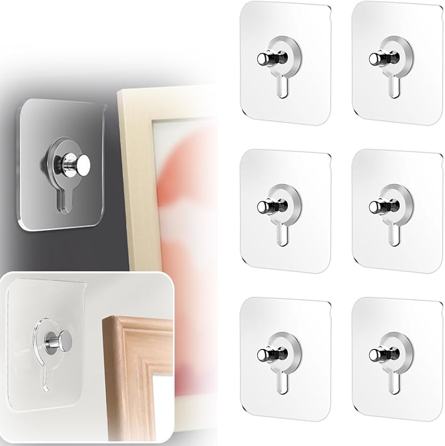 Drill Free Adhesive Hooks,Upgraded Picture Hangers Without Nails,Adhesive Wall Mount Screw Hooks for Hanging,Nail Free Wall Hangers for Kitchen, Bathroom (6 PCS, 2.36 * 2.36 inch)