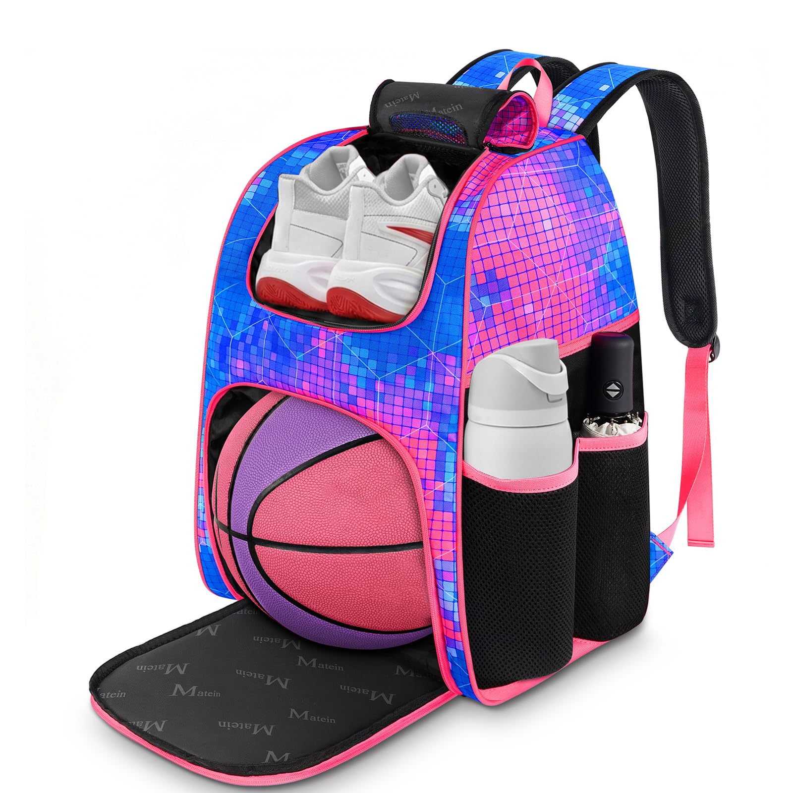 MATEIN Basketball Bag, Sturdy Soccer Bag with Ball Holder & Shoe Compartment, Large Basketball Backpack for Training Equipment, Water Resistant Sports Ball Backpack Fits Volleyball Football, Colorful