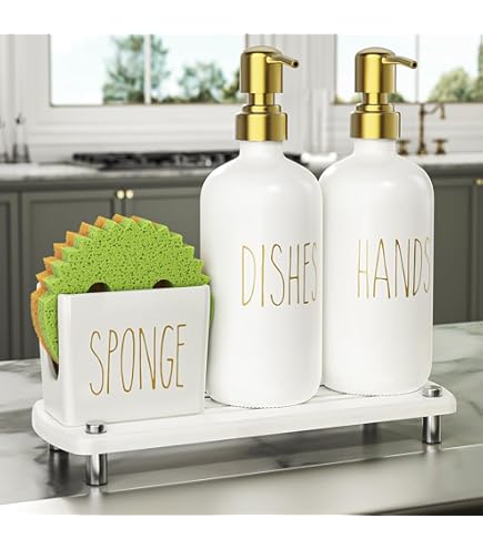 Cisily Kitchen Soap Dispenser Set Comes with Ceramics Sponge Holder, Gold Pumps, and Instant Dry Tray, Hand and Dish Soap Dispenser Set Suitable for Kitchen Decor and Accessories