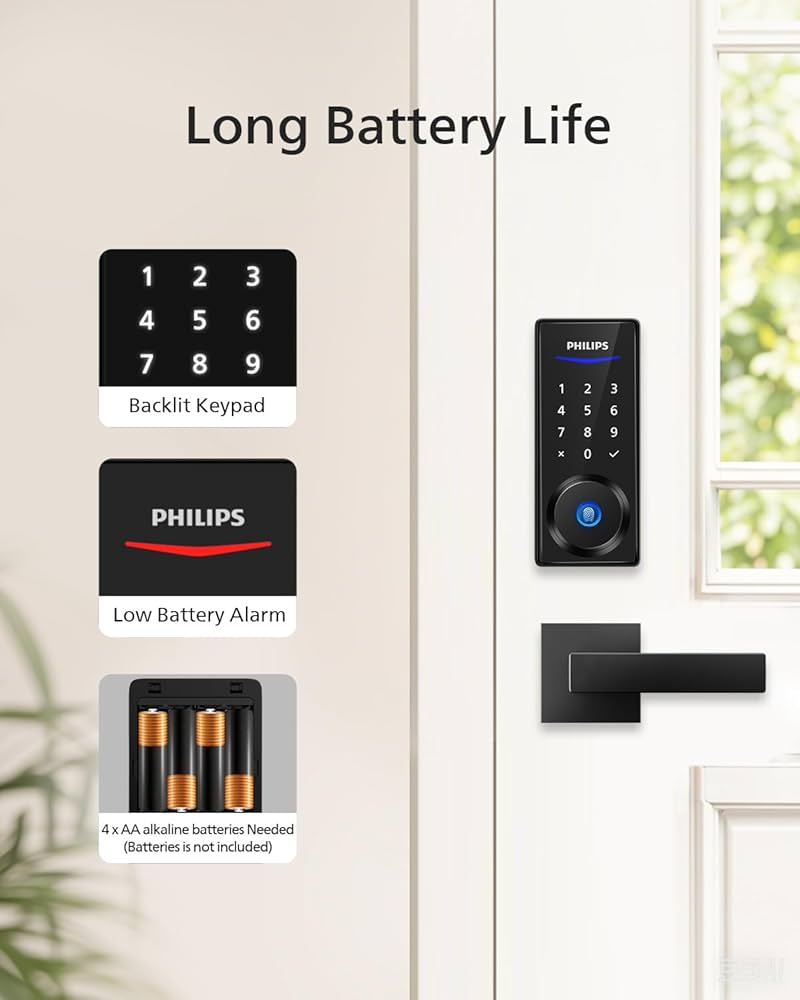 Philips Smart Lock with Handles, Keyless Entry Door Lock Set, Keypad Door Lock with 2 Level Handles, Digital Keypad Deadbolt for Front Door, App Fingerprint PIN Code Unlocking, Auto Locking