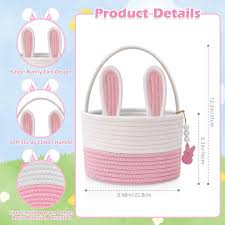 2026 Cute Easter Basket, Easter Baskets for Girls,Toddler,Kids, Cute Bunny Basket with Handle for Egg Hunting,Baby Gift Woven Rope Baskets (Pink&White)