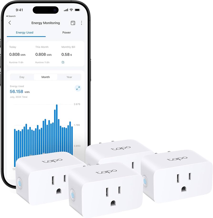 TP-Link Tapo Smart Plug Mini, Matter Compatible, Compatible with Alexa, Google Home & Samsung SmartThings, Energy Monitoring, 15A, UL Certified, 2.4G Wi-Fi Only, Tapo P110M(4-Pack)