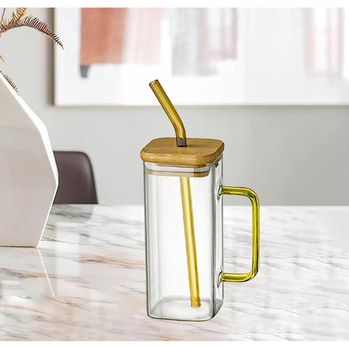 1Pcs Square Heat Resistant Coffee Glass Cup With Lid and Straw Transparent Milk Tea Juice Cups Coffee Mug For Home Bar Drinkware