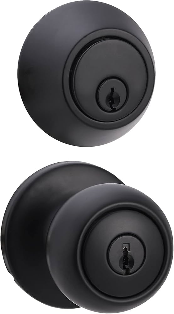 Amazon Basics Exterior Door Knob With Key Lock and Deadbolt, Keyed Alike, Coastal, Matte Black