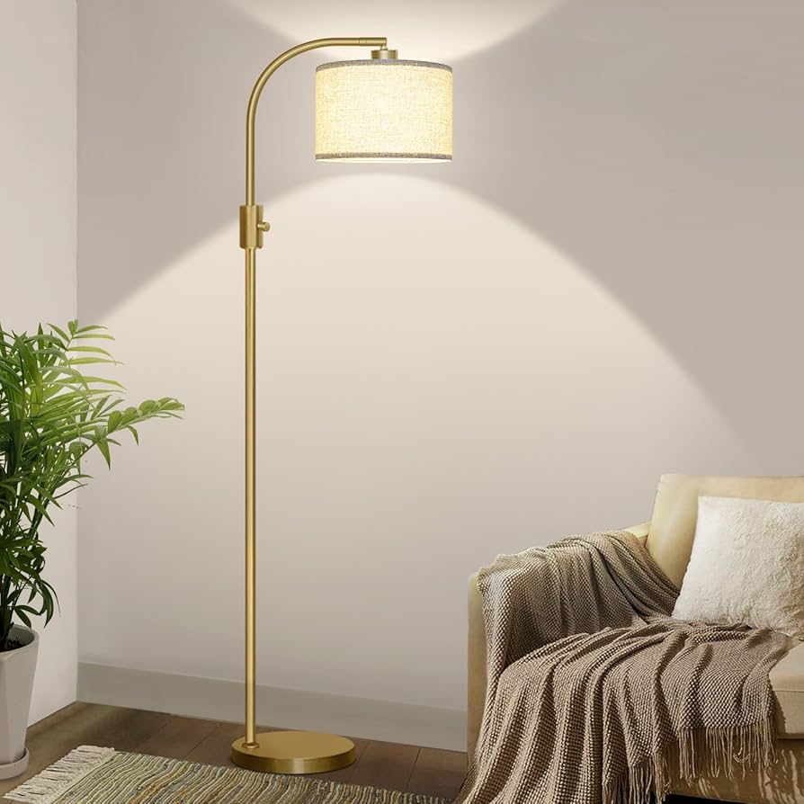 Nintiue Upgraded Modern Arc Dimmable Tall Standing Floor Lamp with Linen Shade, 1200 Lumens LED Bulb Included, for Living & Reading Room, Bedroom, Office & Nursery, Gold