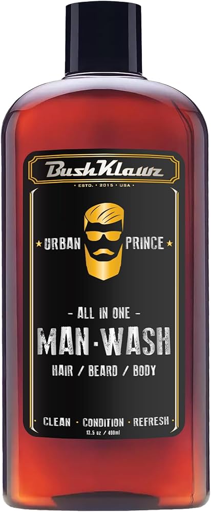 BushKlawz URBAN PRINCE MAN WASH Men’s Original All in One 3-in-1 Shampoo Conditioner Hair Beard Body Wash Man Made American Viking Crew Cannon Wash with Bulldog Duke PH Ballwash