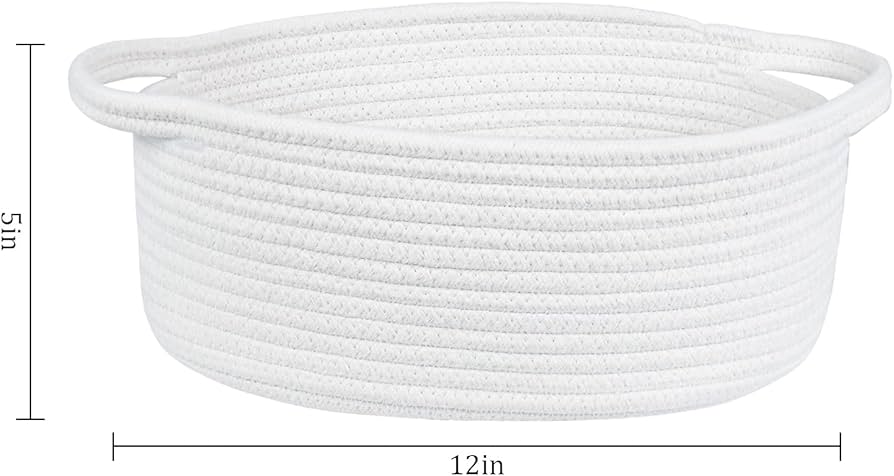 ABenkle Small Basket with Handles, Boho Decorative Rope Woven Dog Cat Toy Storage Bin Shelf Storage Organizer, Easter Christmas Gift Basket, 12"x8"x5", White