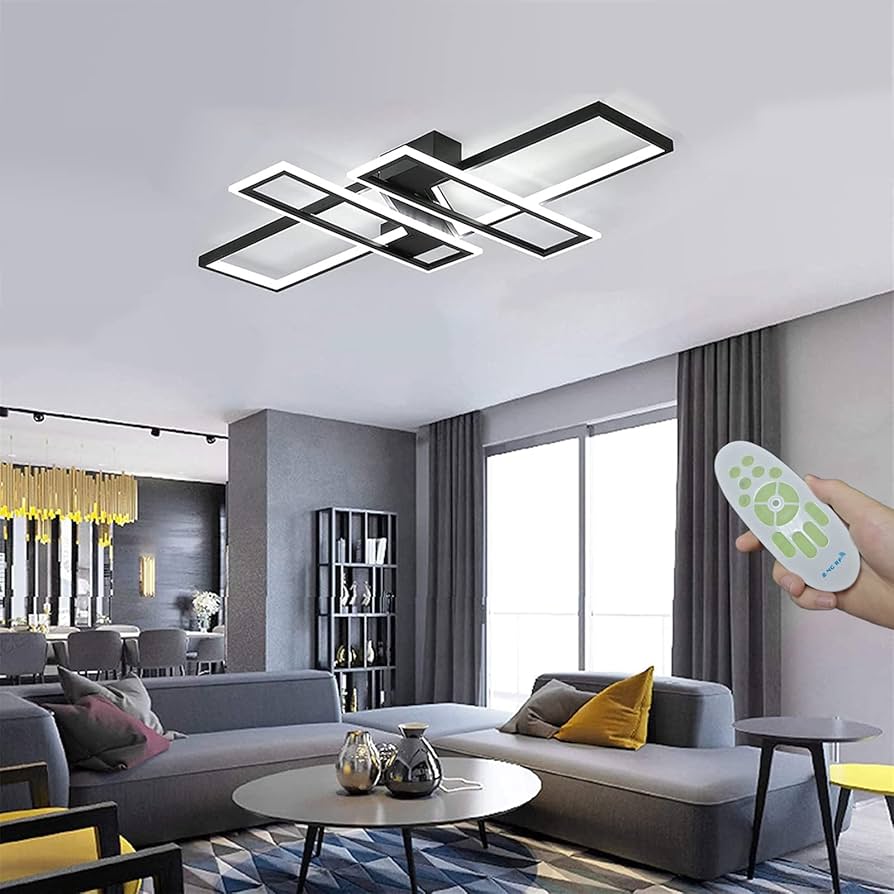 35.4" Modern LED Ceiling Lights Fixture, 94W Black Dimmable Chandelier, Rectangular, with Remote Control Diningroom Lamp, Flush Mount Geometric LED Ceiling Lamps for Livingroom Bedroom