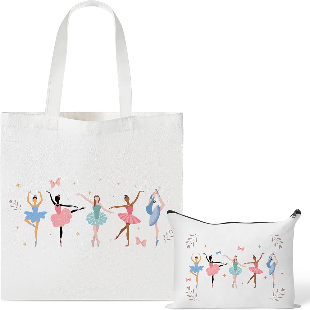 Y1tvei Ballerina Canvas Bag Set- Cute Dancing Girls Canvas Tote Bag Makeup Pouch with Inner Pocket, Gifts for Dance Recital