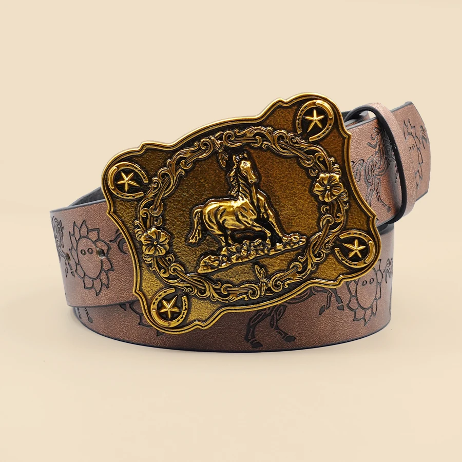 Western Cowboy Style Street Belt - Equestrian Carved Vintage Print Waistband for Daily Wear, Commute & Casual Outfits