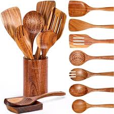9 Piece Natural Teak Wooden Kitchen Utensil Set with Spoon Rest - Comfort Grip Cooking Spoons and Utensils Holder