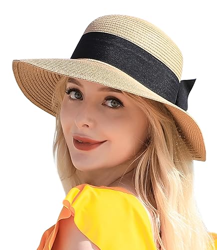 Beach Sun Straw Hats for Women, UPF 50+ UV Sun Protection Wide Brim Summer Straw Hat Foldable Packable Roll up Cap