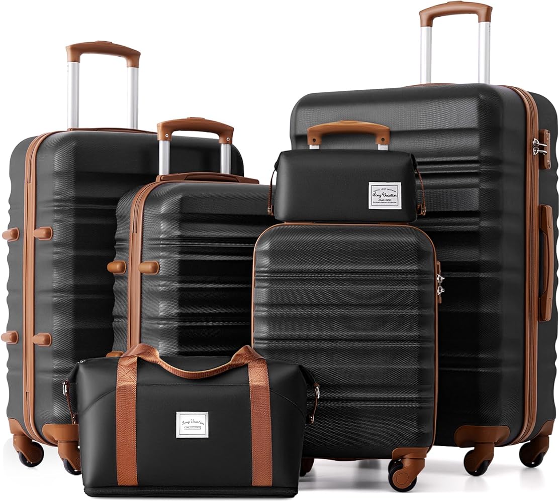 LONG VACATION 6 Piece Luggage Set Carry on Suitcase with ABS+PC hardshell, Spinner Wheels & YKK Zipper TSA Lock (BLACK-BROWN, 6 piece set)