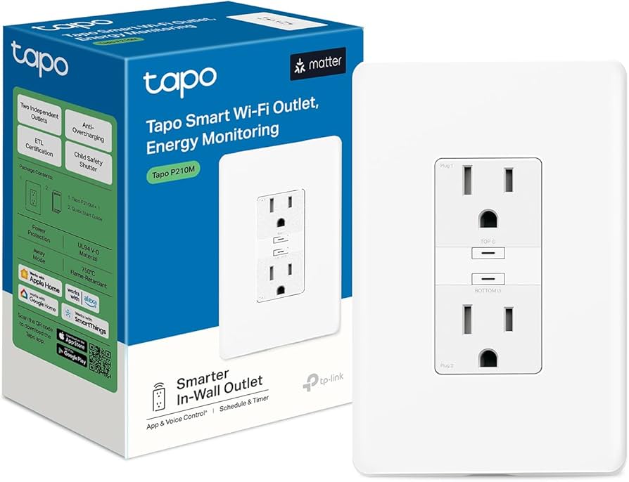 Tapo Smart Plug, Wi-Fi in-Wall Outlet, Matter Compatible, Energy Monitoring, 15A/1800W Max, Works with Alexa, Apple Home, Google Home, SmartThings, Voice/Remote Control, ETL Certified - Tapo P210M