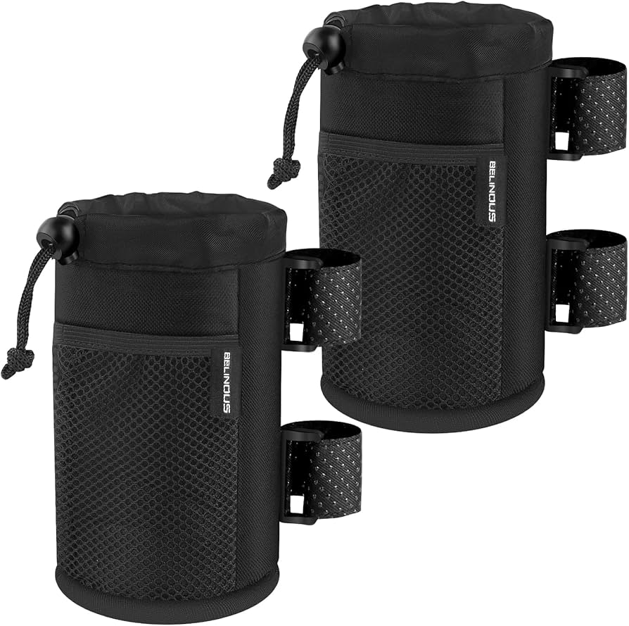 Belinous Scooter Cup Holder for 8-32oz Bottles, Wheelchair Walker Water Bottle Holder for UTV Roll Bar Bike e-Bike Golf Cart and Boat, Drink Holder with Net Pockets and Hook and Loop Straps