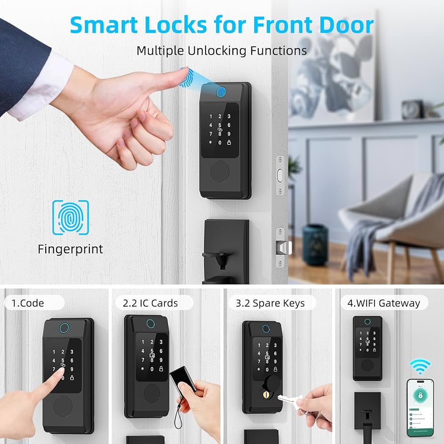 WiFi Front Door Lock Set with Handle, Featuring Fingerprint Keyless Entry, Smart Keypad with Lever Handles, Electronic Screen + WiFi Gateway, App Control, Auto-Lock, and Voice Control-Silver