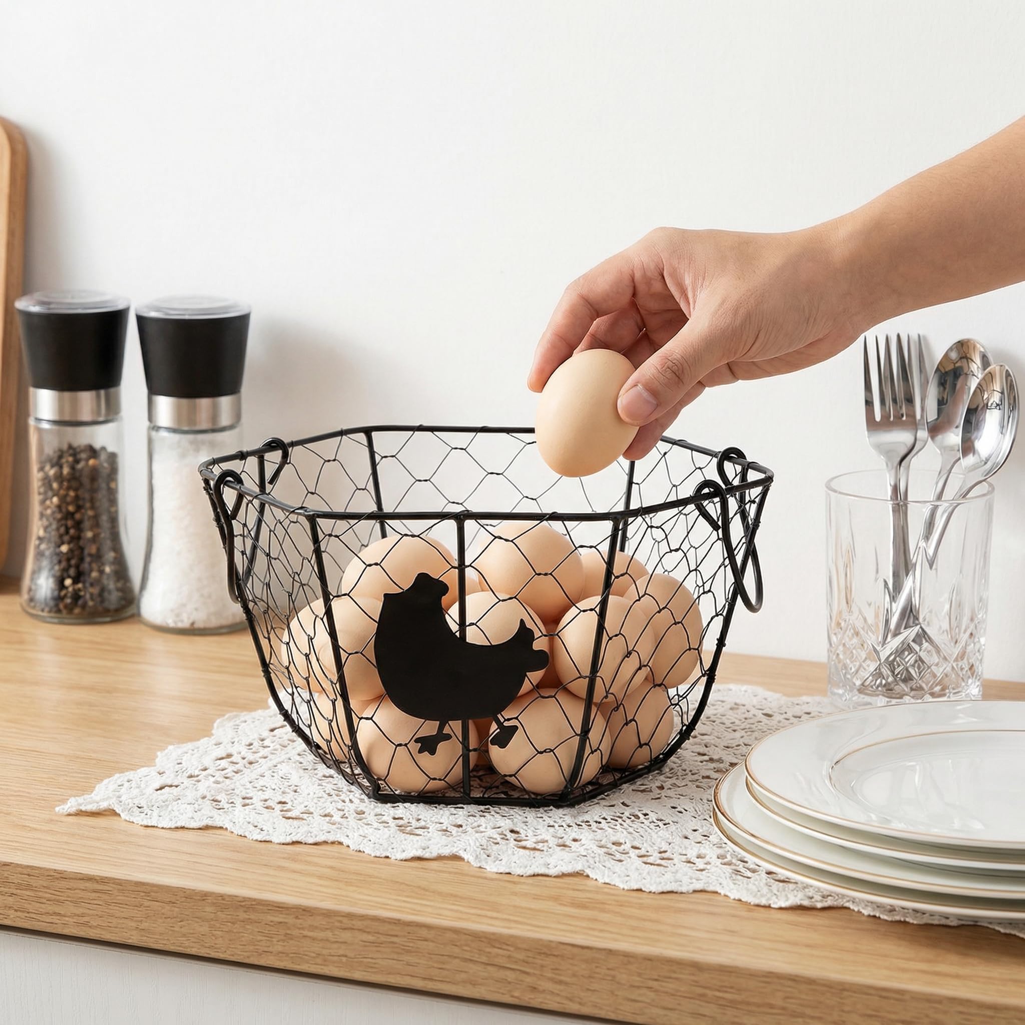 Consevisen Egg Basket for Gathering Fresh Chicken Eggs, 2 Pack, Metal Wire Basket with Wooden Handle, Collecting and Storage Holder for Kitchen Countertop with Vintage Farmhouse Rooster Decor, Round