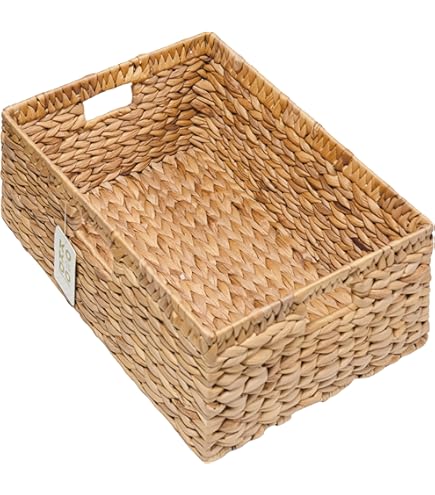 KOKODO 15"Lx11"W Large Rectangular Water Hyacinth Wicker Storage Baskets with Handles and Metal Frame, Stylish and Durable Handwoven Bin for Space-saving Room Organizing or Decorative Wicker Basket