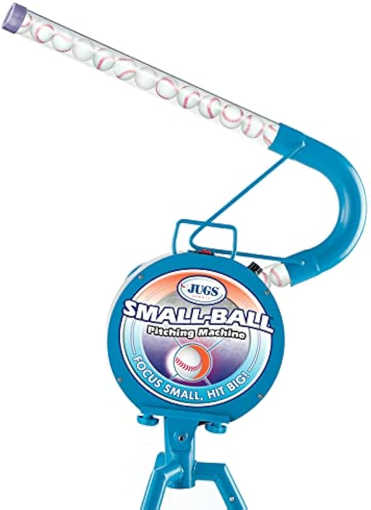 Jugs Small-Ball Pitching Machine with 2-Dozen Small-Balls—1-Dozen White and 1-Dozen Vision-Enhanced Yellow. Hitting Big. Throws fastballs or Overhand Curves., JUGS Blue