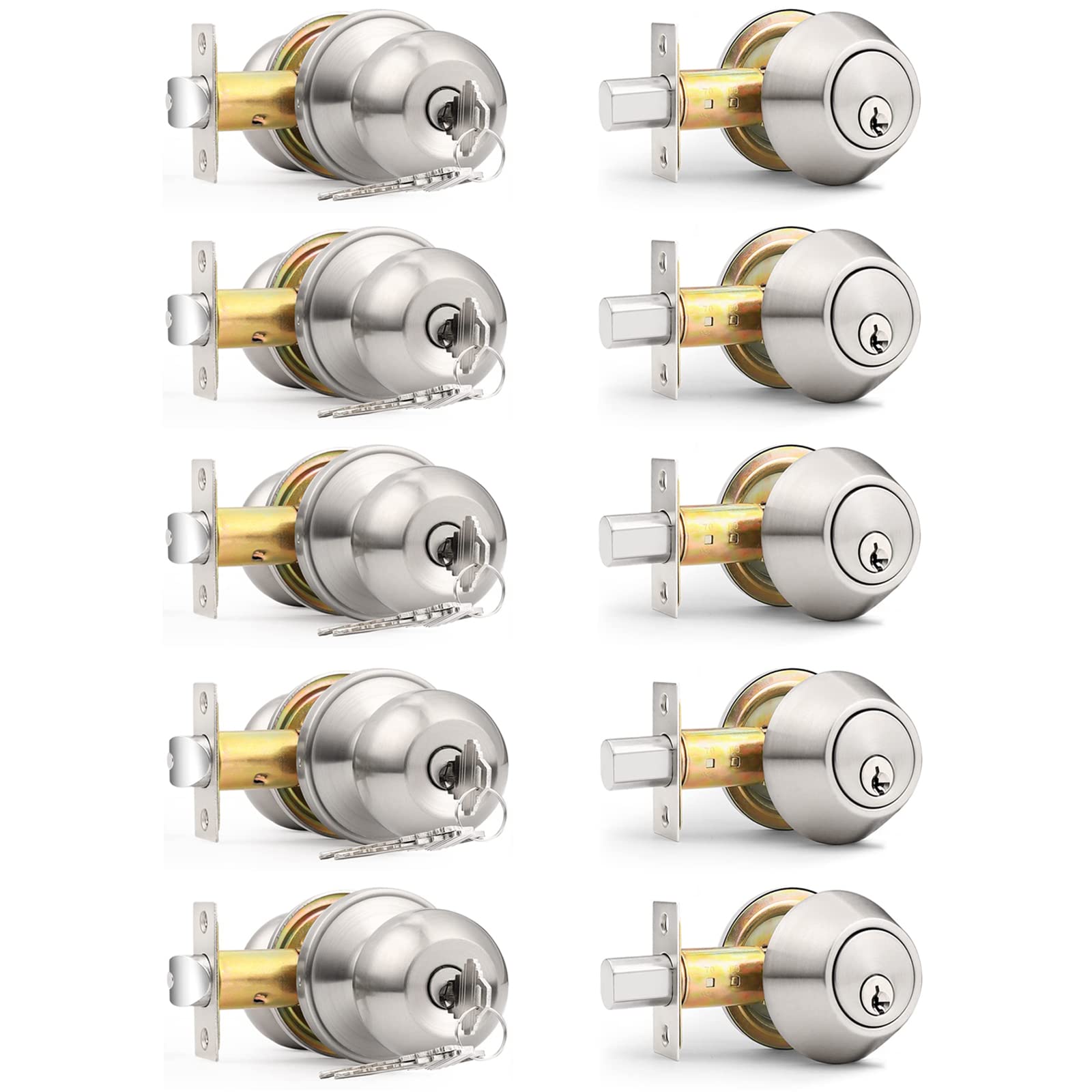 Plustool 4 Pack Exterior Door Lock Set, Satin Nickel Door Knob and Deadbolt Combo Set, Keyed Alike Entry Door Knobs with Lock&Keys, Round Ball Door Locksets with Deadbolt for Entrance and Front Door