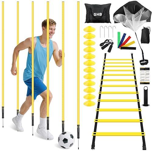 GHB Soccer Agility Training Equipment, 6 Agility Poles, 20ft Speed Ladder, 12 Disc Cones, Resistance Parachute, Jump Rope, 5 Resistance Bands, Soccer Training Poles for Speed Agility Training
