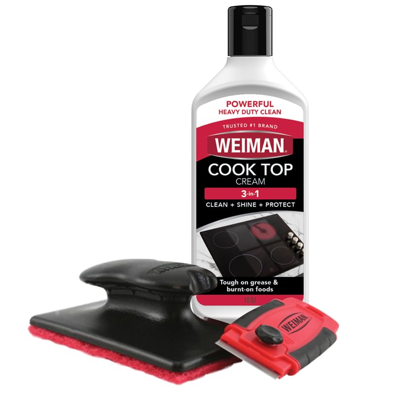Weiman Glass & Ceramic Cooktop, Stove Top & Oven Cleaner Kit – Kitchen Cleaner Cream, 3 Scrubbing Pads & Scraper for Burnt-On Food & Grease, Clean Shine - Safe for Induction, Electric & Gas Cooktops