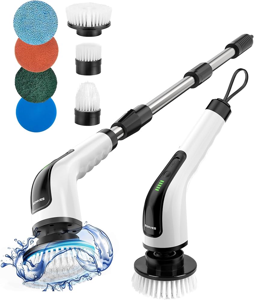 Bomves Electric Spin Scrubber, Cordless Cleaning Brush Scrubber for Home, 8 Replaceable Brush Heads-90Mins Work Time, 3 Adjustable Size, 2 Speeds for Bathroom Shower Bathtub Glass Car