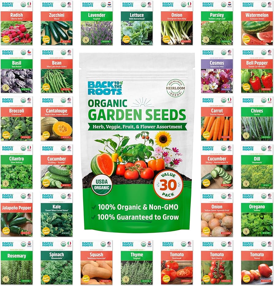 Back to the Roots Heirloom Organic, Non-GMO & USA Grown Seeds, 30ct Herb, Fruit, and Veggies, Assortment May Vary, Guaranteed to Grow