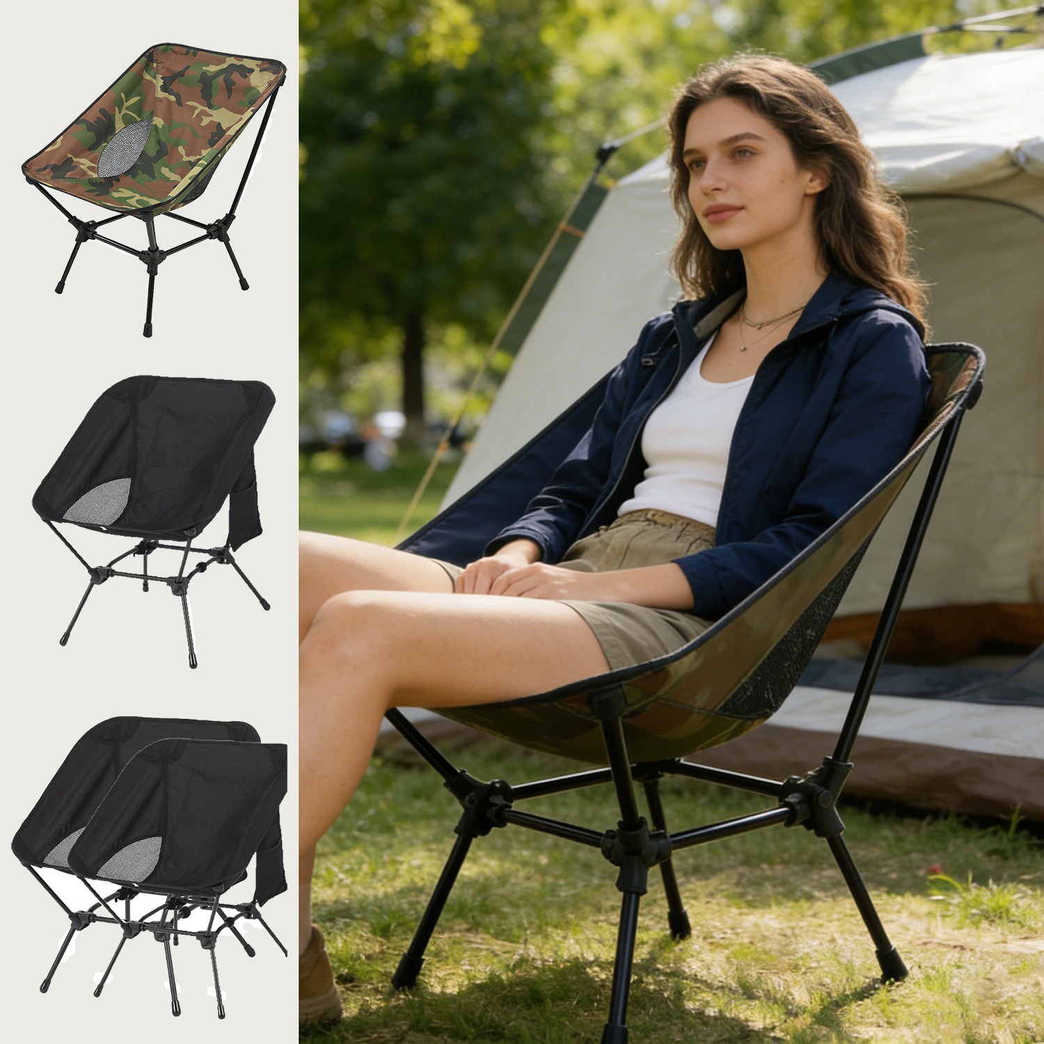 Lightweight Portable Folding Camping Chairs Suitable for Adults - Compact Foldable Outdoor Chair with Carry Bag & Side Pockets, Camo/Black Foldable Beach Seat for Campsites, Fishing Trips, Picnic, Backyard - Carry Bag & Storage