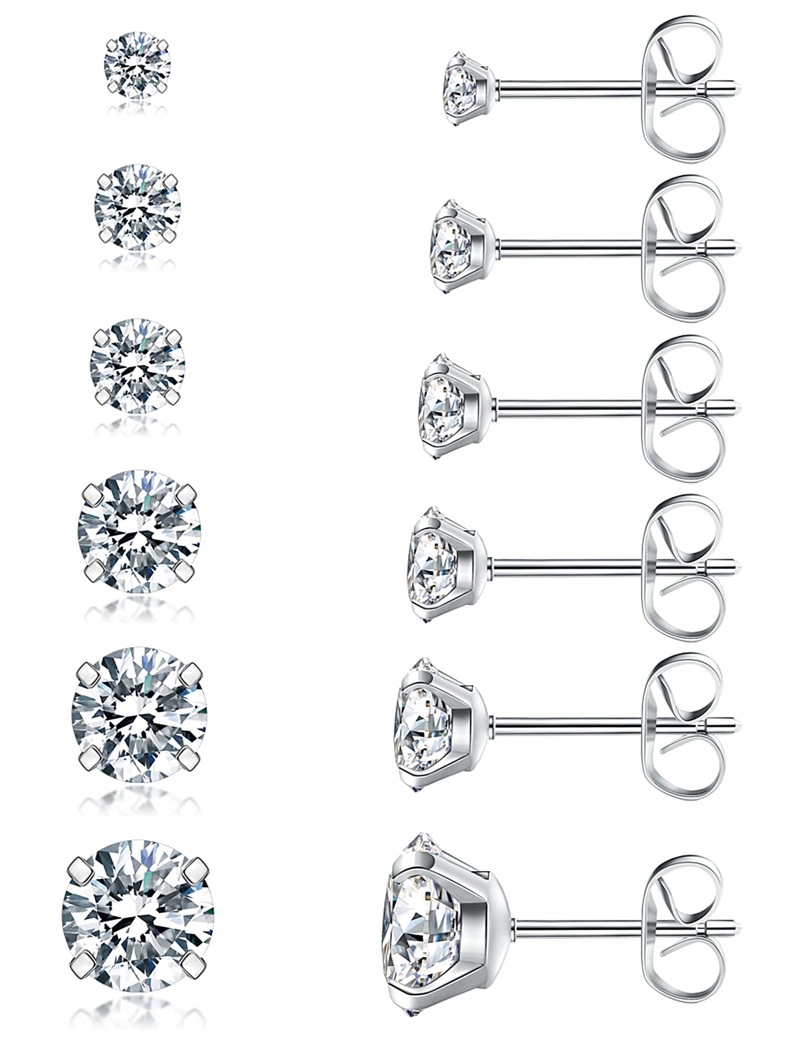 6 Pairs Stud Earrings Set, Hypoallergenic Cubic Zirconia 316L Earrings Stainless Steel CZ Earrings 3-8mm (Steel color)
