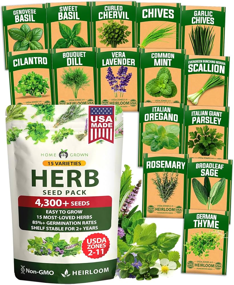 HOME GROWN Herb Seeds for Planting 15-Pack Massive Seed Count 4,300+ Seeds Non-GMO Heirloom | Extra Large | Culinary Herb Kit, Indoor Outdoor & Hydroponic | Grow Your Own Herbs | Gardening Gift