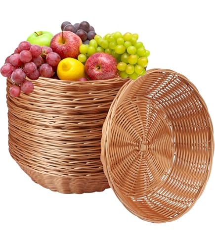 GNIEMCKIN 12 Pack Round Poly Wicker Basket, Diameter 9.5 In, Brown, Plastic, Polypropylene